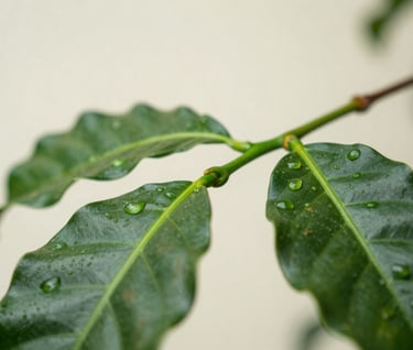 Close-up detail shot of vibrant moss green coffee leaves with morning dew drops. Shallow depth of field with a soft cream-colored background, capturing natural elegance and freshness.
