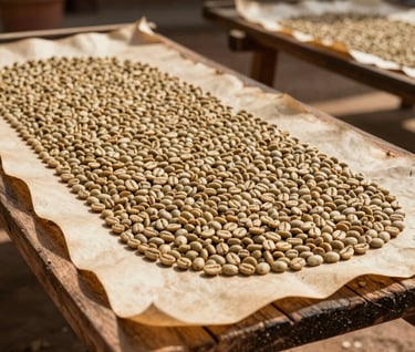 Artistic detail of parchment coffee beans spread out to dry on traditional wooden beds in a sunny South American courtyard, textures of wood and roasted tan grains, warm and inviting atmosphere.