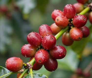 Macro photography of ripe red coffee cherries on a vibrant green branch, dew drops visible on the fruit, natural sunlight, soft focus background of a South American / Latin plantation.