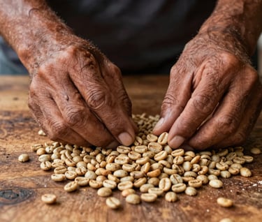 Close-up of weathered hands in a South American setting carefully sorting sun-dried tan coffee beans on a rustic wooden surface. Authentic craftsmanship and warm, inviting lighting.