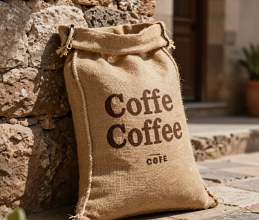 Detailed shot of a vintage jute coffee sack with rustic typography, leaning against a sun-drenched stone wall in a South American / Latin courtyard, earth tones and rich textures, sophisticated composition.