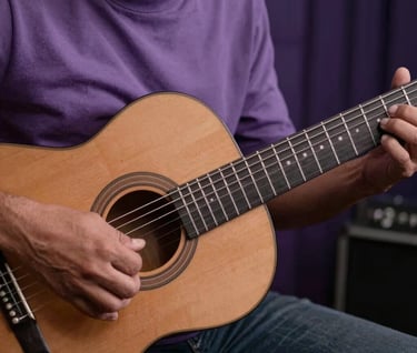 A close-up artistic shot of guitar strings being played by a musician, moody lighting emphasizing the movement and emotion, South American / Venezuelan studio environment. Palette colors used: Mauve and Dark Purple.