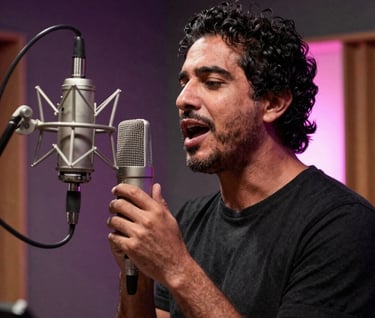 Candid photography of Eduardo Grillo singing into a professional microphone in a dark recording studio, focused expression, with muted purple and salmon pink light leaks.