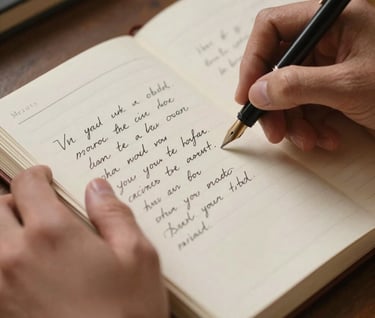 A detailed photography shot of hands writing lyrics in a notebook with a fountain pen, soft focus on the cream-colored pages, warm side lighting, intimate and creative South American setting, sophisticated aesthetic.