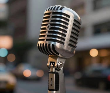 Close-up of a vintage microphone on a stand, soft-focus Venezuelan urban background at night, warm antique white highlights.