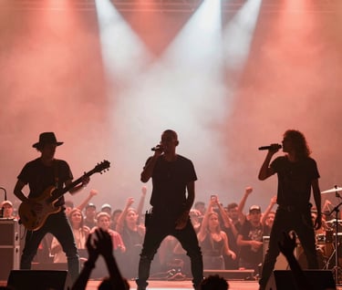 A vibrant action shot of a live concert performance, silhouettes against a wash of warm stage lights, energetic South American / Venezuelan crowd in the background. Palette colors used: Coral and Off-white.
