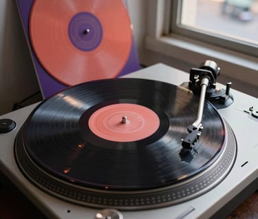 A detailed shot of vintage vinyl records and a turntable in a contemporary urban South American / Venezuelan apartment, evening light streaming through the window. Palette colors used: Coral and Medium Purple.