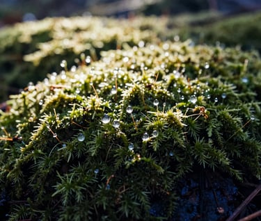A macro photograph of a North American / US forest floor. Dewdrops on vibrant green moss catch the light, with deep navy shadows and creamy off-white highlights from a morning sunbeam.