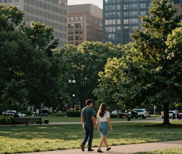 A couple walking hand-in-hand through a North American / US urban park in the afternoon. The composition is wide, showing the green environment and blue-grey architecture. Soft, warm sun, authentic vibe.