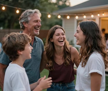 A candid, joyful photo of a family laughing together during a party in a North American / US backyard. Warm string lights in the background. Natural poses, vibrant and professional artistic style.