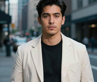 A professional portrait of a person in a stylish North American / US urban setting. The background is slightly blurred with muted steel blue tones, while the subject is sharp and clear with warm off-white lighting.