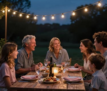 A North American / US family laughing together during an outdoor dinner party. String lights provide a warm glow against the deep navy evening sky, with dusty rose napkins on the table.