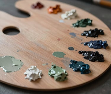 A close-up of a wooden artist palette covered in thick oil paint smears of #6B705C, #C8C0B2, and #1A1A1A. The lighting is soft and artistic, highlighting the texture and richness of the pigments used for the featured work.