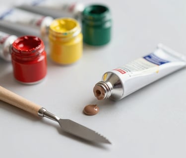 A vertical composition showing several paint tubes and a palette knife resting on a clean #F9F8F7 surface. A small dab of #6B705C paint is visible. The lighting is bright and modern, creating an organized and peaceful atmosphere.