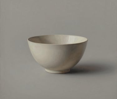 An elegant painting of a singular, minimalist object bathed in soft shadow. The background is a muted #C8C0B2, while the subject features subtle #6B705C tones. The composition is balanced and contemplative, resembling an immersive art sanctuary.