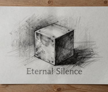 An early conceptual charcoal sketch on rough paper, showing the basic composition of 'Eternal Silence'. The drawing is raw and expressive, captured in a top-down view on a wooden table with tones of #6B705C in the background.