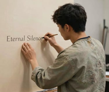 A personal, candid shot of the artist from behind, working on the 'Eternal Silence' piece. The artist is wearing a smock stained with #6B705C. The studio is filled with warm light and a serene, focused atmosphere.
