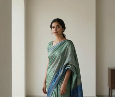 An editorial portrait of a creative professional in a East Asian / South Asian influenced for a global luxury audience architectural space, draped in layers of sage green and indigo textiles. The composition is clean and minimalist with strong vertical lines.