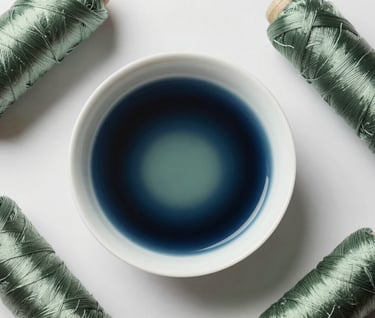 A top-down view of an ivory porcelain bowl containing deep indigo dye and sage green pigments, surrounded by raw silk threads in a bright, minimalist East Asian / South Asian influenced for a global luxury audience workspace.