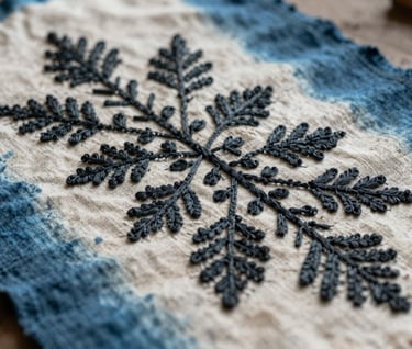 Macro photography of traditional Pakistani embroidery techniques applied to an indigo-dyed linen, with charcoal black thread work, captured in soft, diffused daylight.