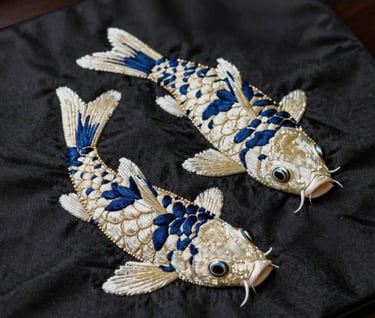 A still-life photograph of a koi fish motif embroidered onto a charcoal black fabric panel. The embroidery uses shimmering ivory threads and deep indigo accents, photographed with dramatic low-key lighting in a East Asian / South Asian influenced for a global luxury audience setting.