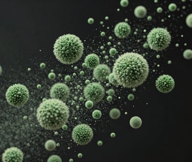 Abstract animation frame showing sage green organic particles moving through a dark charcoal black space, editorial motion design style.