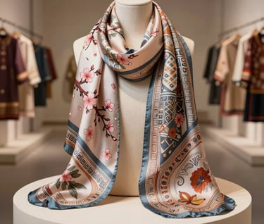 A high-end product shot of a luxury silk scarf featuring a blend of cherry blossom motifs and geometric South Asian patterns, draped over an ivory pedestal in a East Asian / South Asian influenced for a global luxury audience gallery setting.