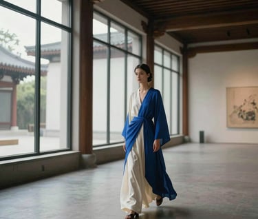 A cinematic wide shot of a model walking through a minimalist gallery space with large windows. The model wears a long, flowing garment in ivory and deep indigo blue. The architecture is a blend of traditional and contemporary East Asian / South Asian influenced for a global luxury audience design.