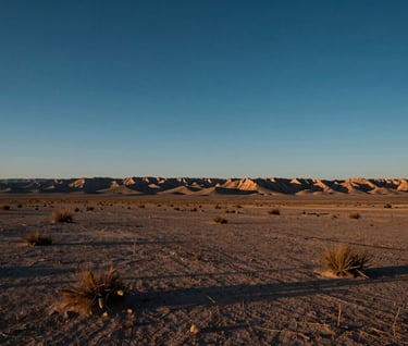 A wide landscape shot of the North American desert at sunrise, intended as a location scout photo. The colors are sophisticated and earthy with a cinematic deep blue sky.