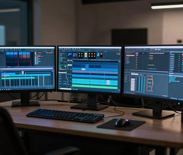 A professional medium shot of a high-tech digital editing suite in a North American studio. Glowing monitors display film timelines in deep blue and charcoal tones, with soft, focused task lighting creating an atmosphere of professional innovation.