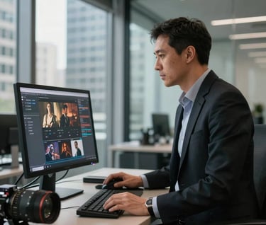 A professional film distribution strategist working in a modern glass-walled office in a North American city, black and grey tones, professional attire, looking at a digital display showing cinematic content.
