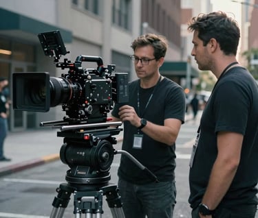 A professional behind-the-scenes photograph on a North American urban film set. A director and cinematographer are discussing a shot beside a large camera rig. Soft afternoon sunlight, cinematic depth of field, and industrial gray-blue color palette.