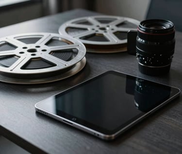 An elegant still-life photograph of professional film reels and a sleek modern tablet resting on a dark, polished desk in a North American office. The lighting is cinematic and low-key, emphasizing textures of slate grey and polished black.