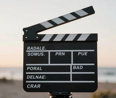 Close-up of a clapperboard on a tripod during a golden hour shoot in a US coastal setting. The focus is sharp on the professional markings, with a soft charcoal and off-white background.
