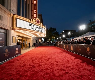 A wide-angle evening shot of a prestigious film premiere red carpet in North America. The scene features glowing marquee lights from a classic theater, elegant event barricades, and a sophisticated atmosphere under a navy night sky.