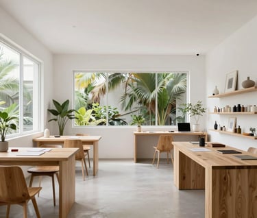 A wide shot of a bright, minimalist South American design studio. White walls, light wood furniture, and large windows with tropical plants visible outside. A calm and professional creative environment.