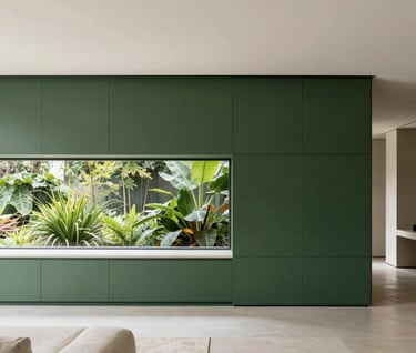 Architectural photography of a modern Brazilian interior featuring clean lines and a palette of forest green and off-white. Minimalist furniture and a large window overlooking lush greenery. Sophisticated, calm, and professional atmosphere.
