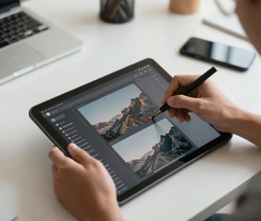 The hands of a designer in a South American creative studio working on a sleek digital interface, using a professional tablet in a bright, minimalist space.
