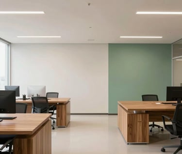 A wide architectural shot of a clean, minimalist office interior in Brazil, with wooden furniture and a color palette of off-white and muted green.