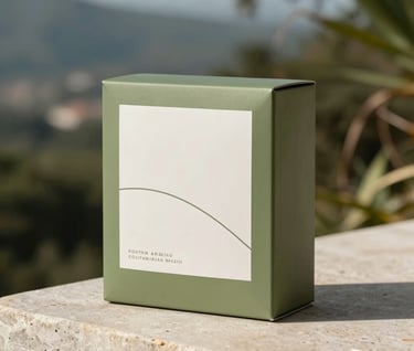 Modern and sophisticated product packaging design featuring olive green and off-white tones. The product is placed on a clean stone surface with soft morning light, South American Brazilian setting.