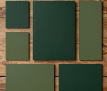 A flat lay of professional branding style guide elements, including dark green and olive green color swatches, neatly arranged on a wooden surface.