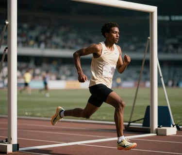 A blurred motion photograph of a runner exiting a stadium gate, off-white jersey against charcoal shadows, capturing a moment of intense movement and focus.