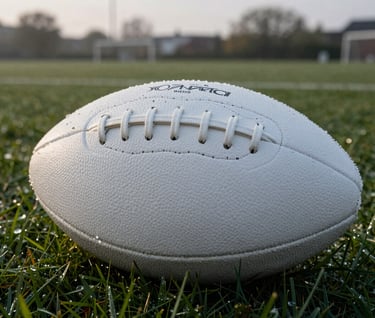A close-up, high-contrast shot of a white leather football sitting on dew-covered grass in a Dutch training facility, early morning light, moody atmosphere, storytelling photography.