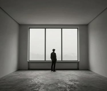 A wide, cinematic shot of a minimalist Dutch interior with one central figure standing near a large window. The lighting is soft and grey, emphasizing the charcoal and off-white tones of the room. Premium editorial storytelling photography.