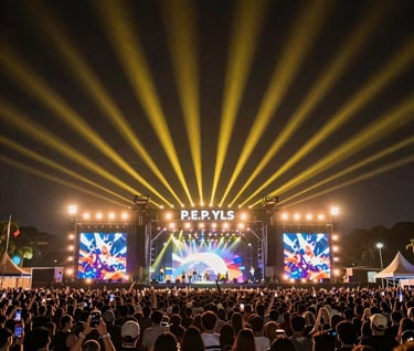 Wide cinematic shot of a massive outdoor festival stage at night with a large crowd. P.E.P YLS is visible in the center under powerful #8D765D beams. High-energy, professional photography.