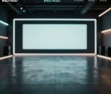 A wide shot of a modern music video set with neon accents reflecting the brand's #8D765D and #F5F5EB colors, high contrast and professional aesthetic.