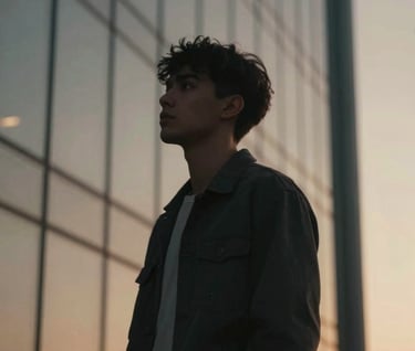 An artistic, slightly abstract shot of P.E.P YLS's reflection in a glass skyscraper during sunset. The sky is a warm tan #8D765D. The image is sophisticated and reflects his global reaching music.