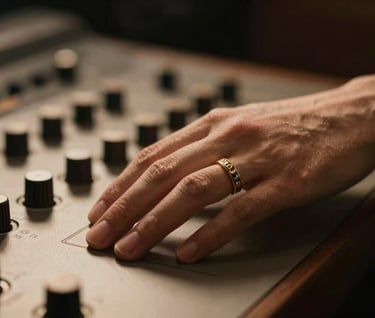 Close-up of P.E.P YLS's hands wearing gold #8D765D rings, resting on a vintage studio console. Warm lighting with #3D2C20 shadows, creating a sophisticated and professional atmosphere.