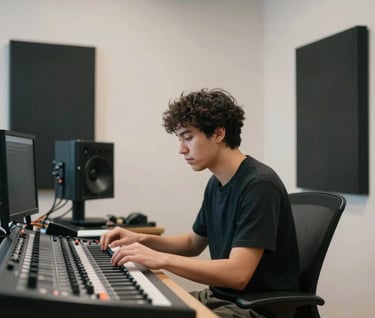 P.E.P YLS in a minimalist studio setting, sitting at a mixing console. The room is modern with off-white walls (#F5F5EB) and dark acoustic panels (#0A0A0A). He is focused on his craft. Soft, natural light.