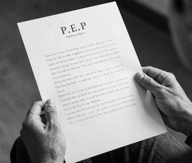 An artistic black and white photo with deep #0A0A0A contrast showing P.E.P YLS's hands holding a handwritten lyric sheet. A subtle glint of a gold watch reflecting the premium #F5F5EB lighting.